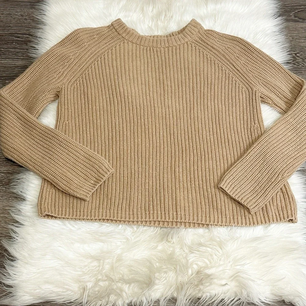 Quince Womens 100% Organic Cotton Fisherman Crew Sweater in Camel Size Small